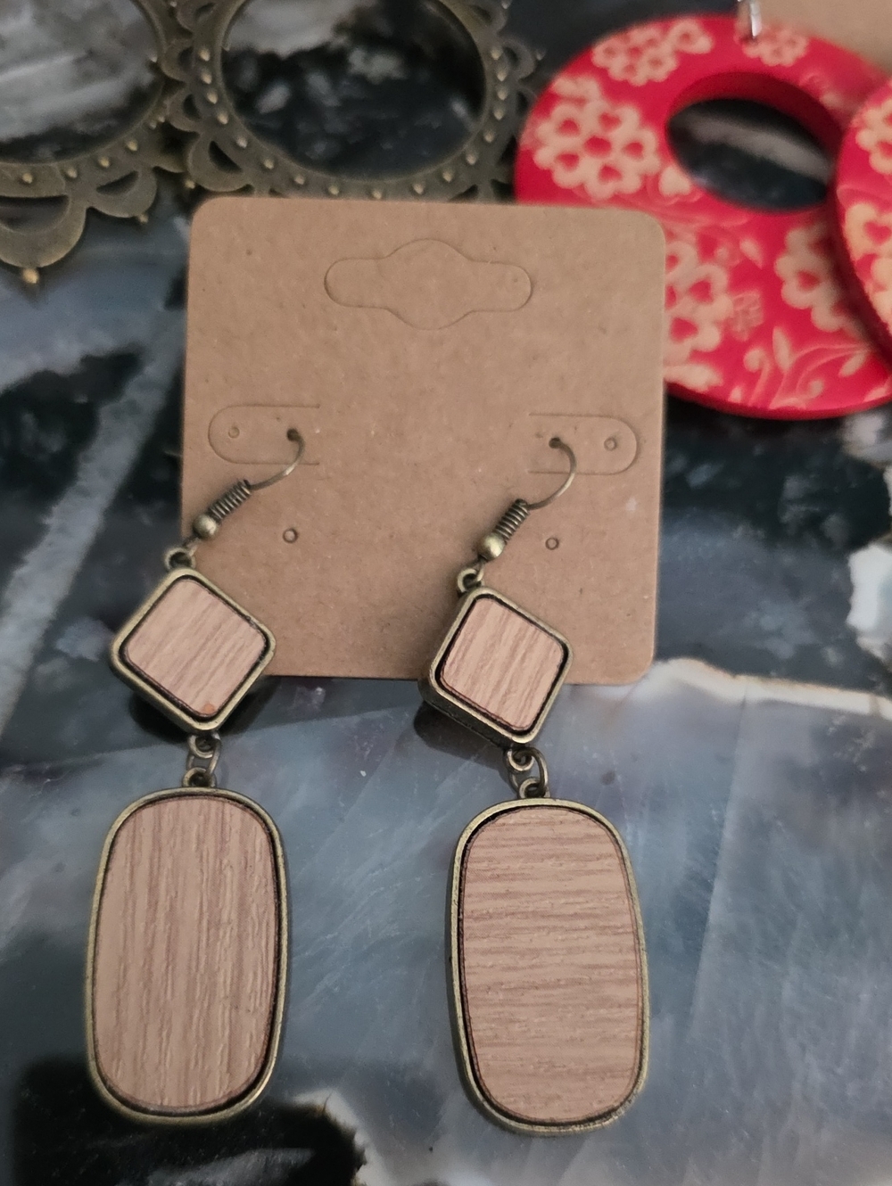 Boho Mixed Earrings Set - Red Floral Wood & Antique Brass - Picture 4 of 4